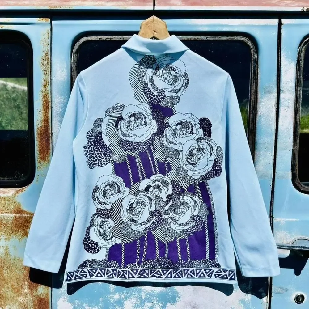70s blue & purple psychedelic rose woven poly jacket w/ dagger collar